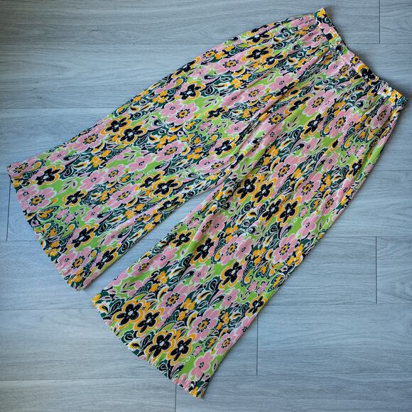 Topshop 60s Floral Plisse Wide Leg Colorful Pants Size 8 - Picture 2 of 8